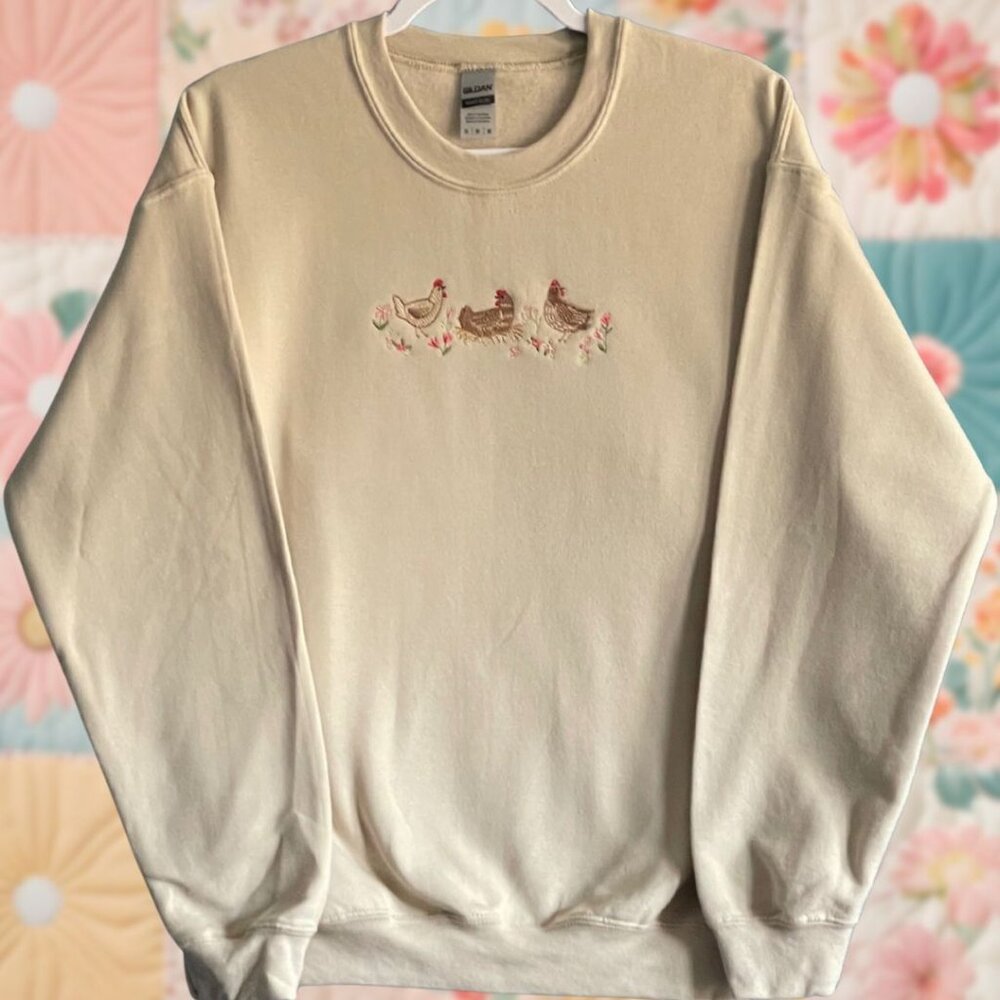 Spring Chickens Embroidered Medium Beige Gildan Crewneck Sweatshirt